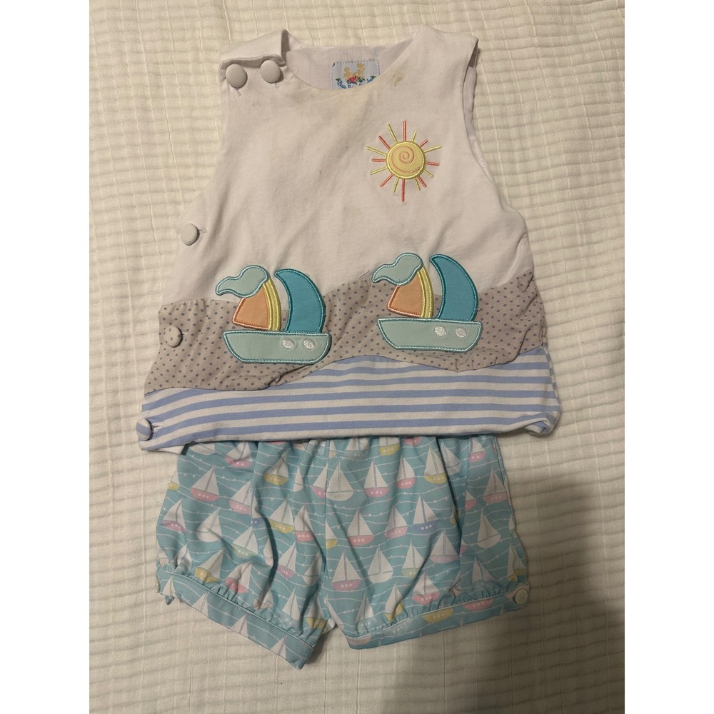 Busy Bee Smocks Toddler Nautical Sailboat Top and Shorts Bloomers Set 18M Blue